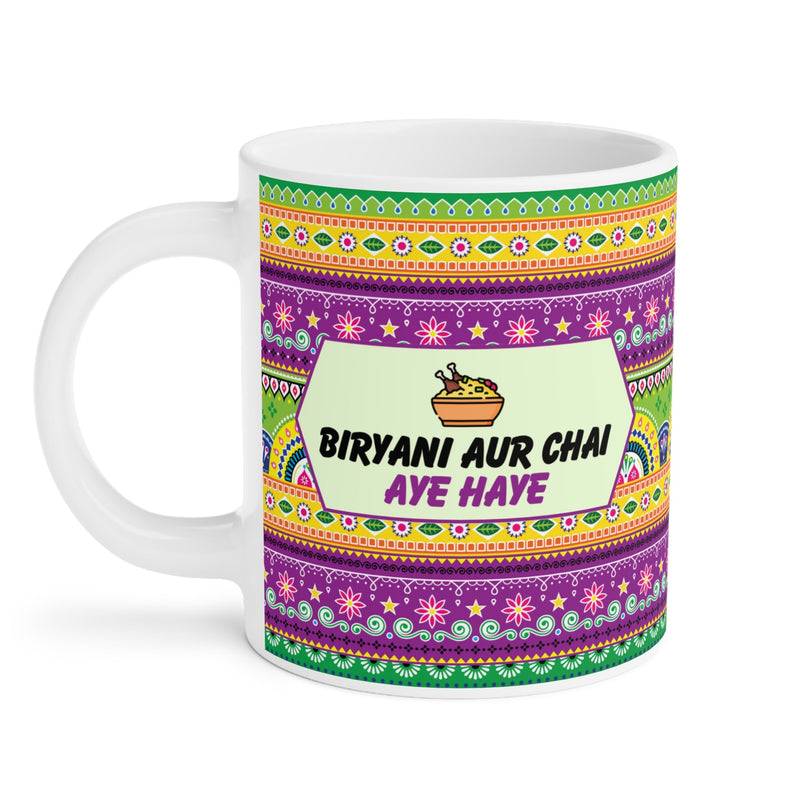 Biryani Aur Chai Aye Haye mug with hot tea steam and biscuits
