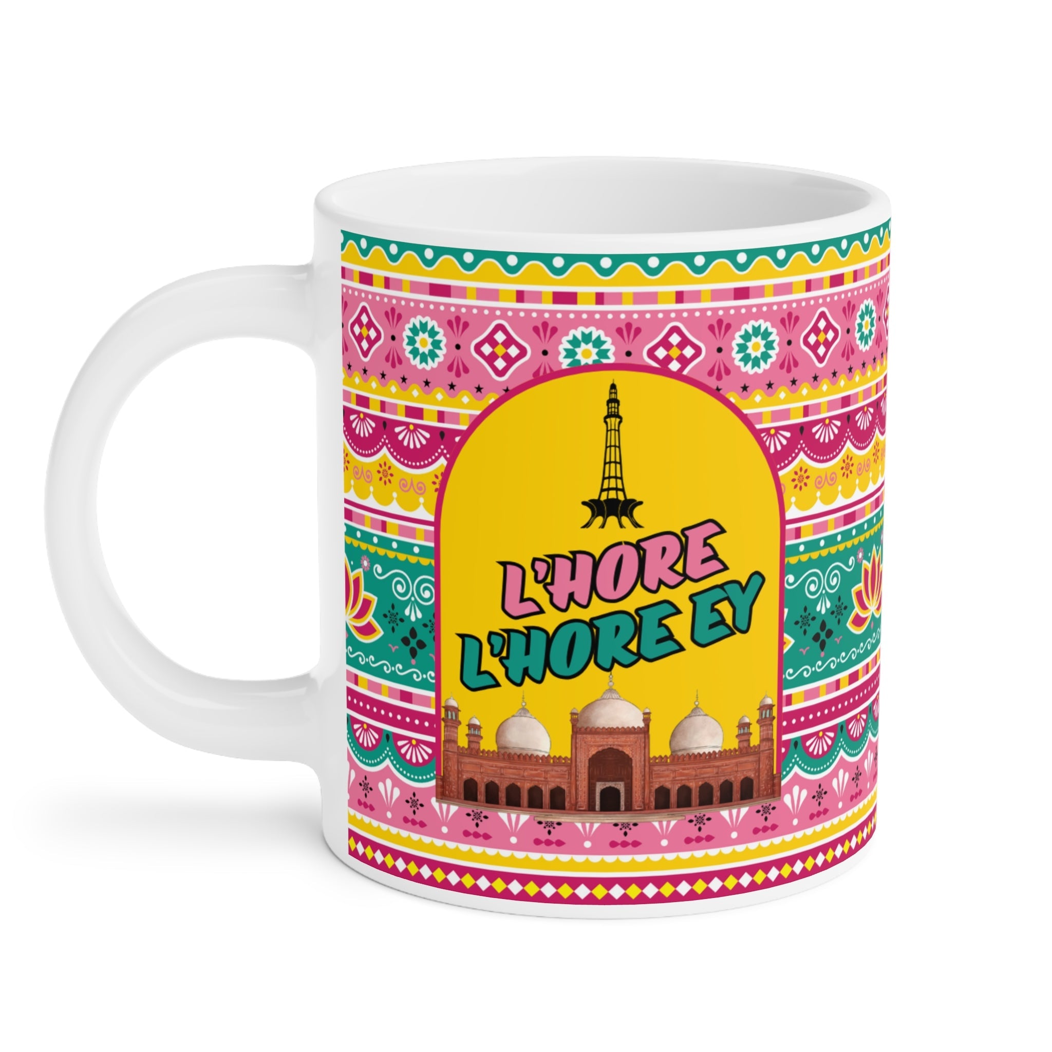 Close up of Lahore Lahore Ey mug showing Minar-e-Pakistan and Badshahi Mosque design