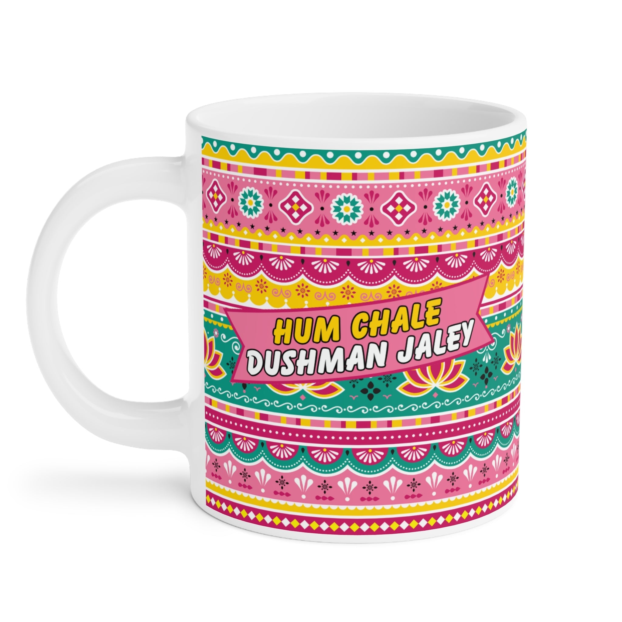 Hum Chale Dushman Jaley mug with hot tea steam and biscuits