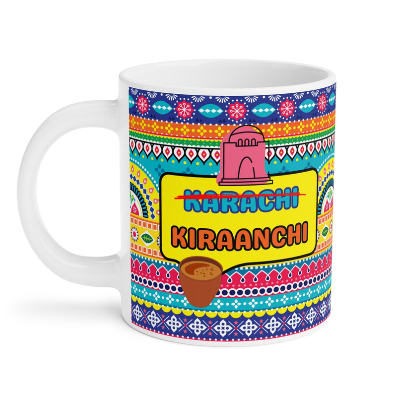 Karachi city of lights mug with hot tea steam and cookies
