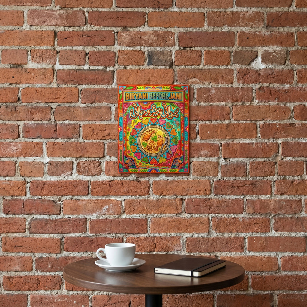 Aesthetic Biryani Before Jani slogan poster mounted on a rustic exposed brick wall above a cozy coffee shop table