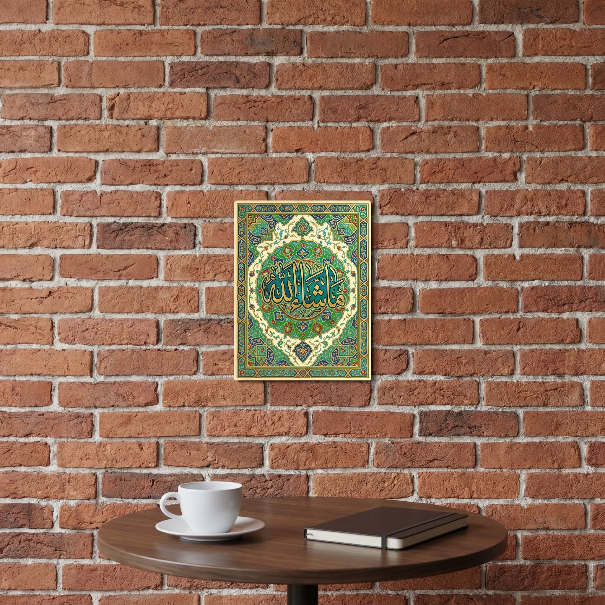 Aesthetic Islamic blessing slogan poster mounted symmetrically on a rustic exposed brick wall above a cozy wooden table.