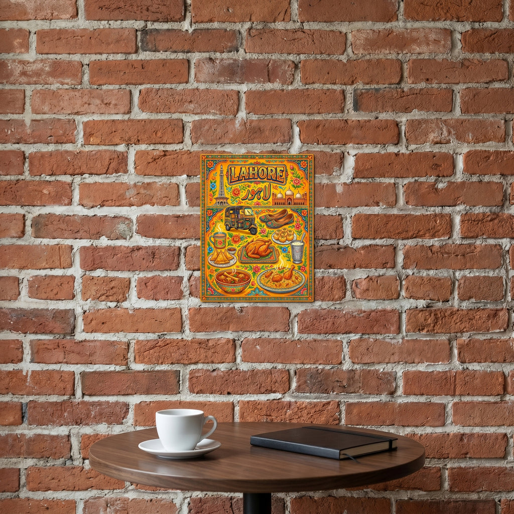 Aesthetic Lahore food culture poster styled on a rustic exposed brick wall in a cozy kitchen or café dining setting with warm ambient lighting.