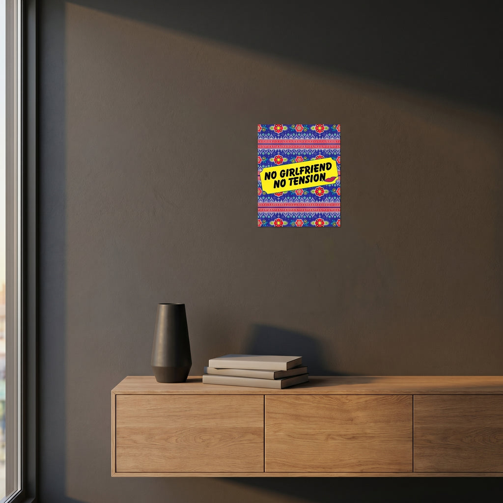 Humorous South Asian diaspora aluminum slogan sign styled on a dark grey accent wall over a modern wooden sideboard cabinet.