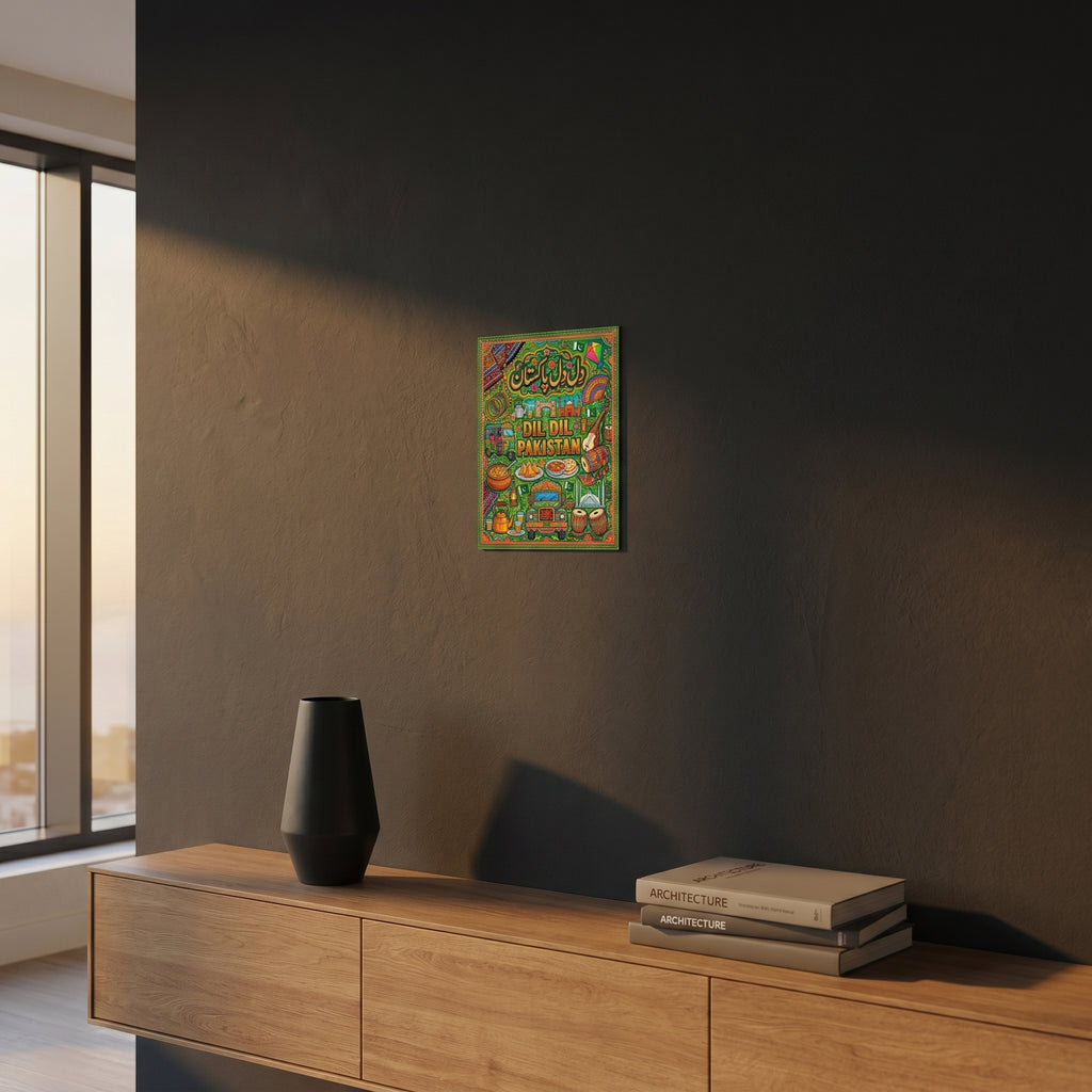 Vibrant South Asian patriotic statement sign styled on a dark grey accent wall over a modern wooden sideboard cabinet.
