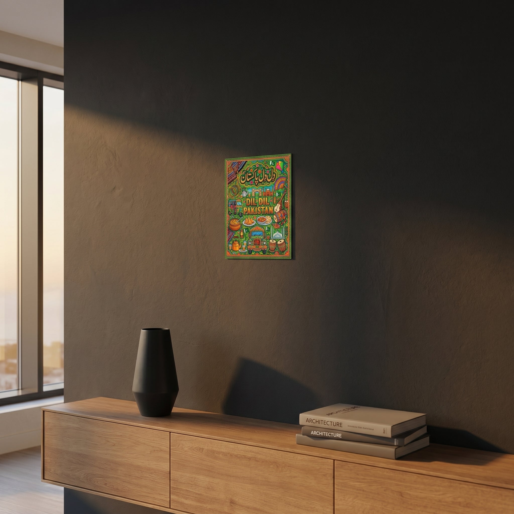 Vibrant South Asian patriotic statement sign styled on a dark grey accent wall over a modern wooden sideboard cabinet.