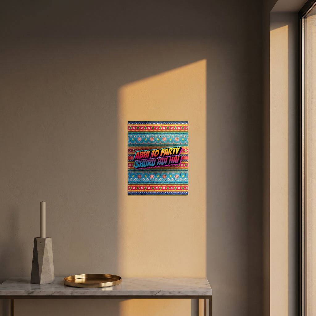 Bollywood slogan metal panel styled beautifully on a modern console table catching dramatic golden afternoon window sunlight.