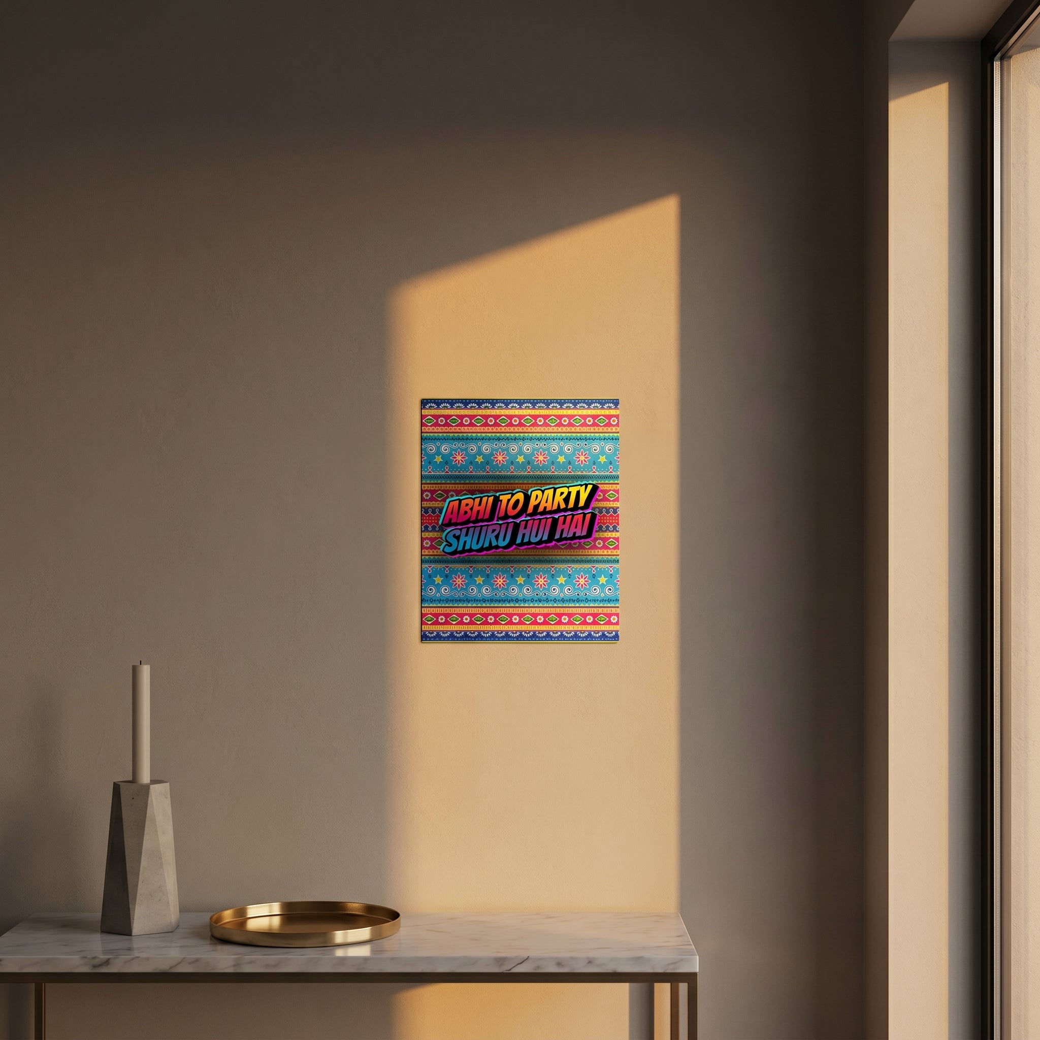 Bollywood slogan metal panel styled beautifully on a modern console table catching dramatic golden afternoon window sunlight.