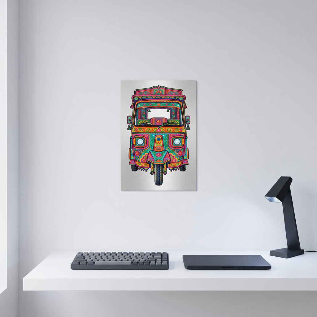 Bright Pakistani Truck Art metal print styled on a clean white wall above a minimalist home office desk with a mechanical keyboard and laptop.