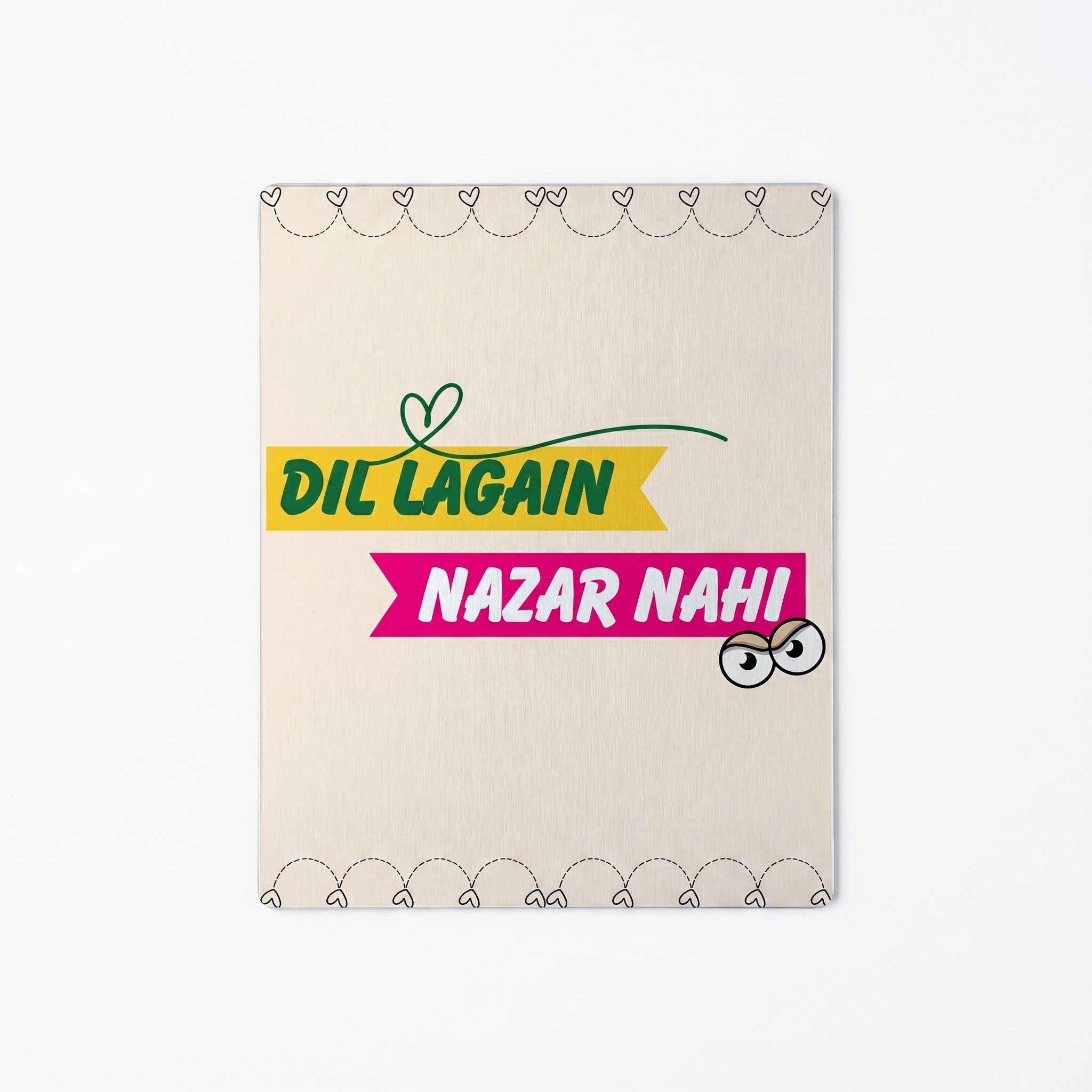 Close-up of Dil Lagain Nazar Nahi poster showing a beige background with pink and yellow ribbons and cheeky cartoon eyes.