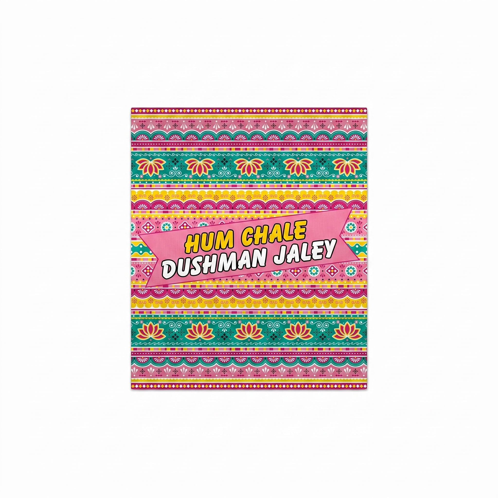 Close-up of Hum Chale Dushman Jaley truck art metal print focusing on the angled pink ribbon banner and yellow lotus accents.