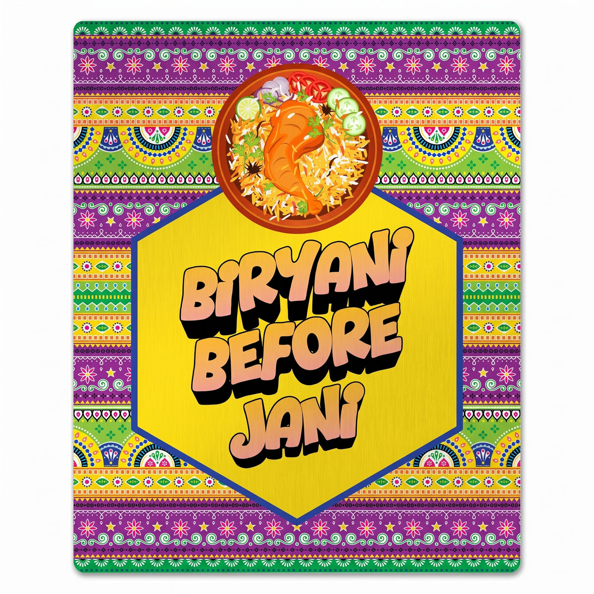 Close-up of the Biryani Before Jani truck art metal poster highlighting the yellow hexagon, chicken biryani platter illustration, and purple pattern borders.