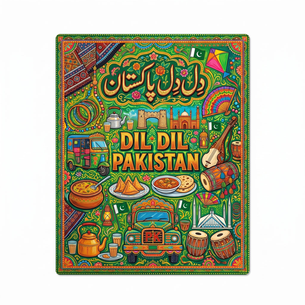 Close-up of the Dil Dil Pakistan truck art metal poster highlighting the elegant Urdu script, green rickshaw, and detailed food illustrations.