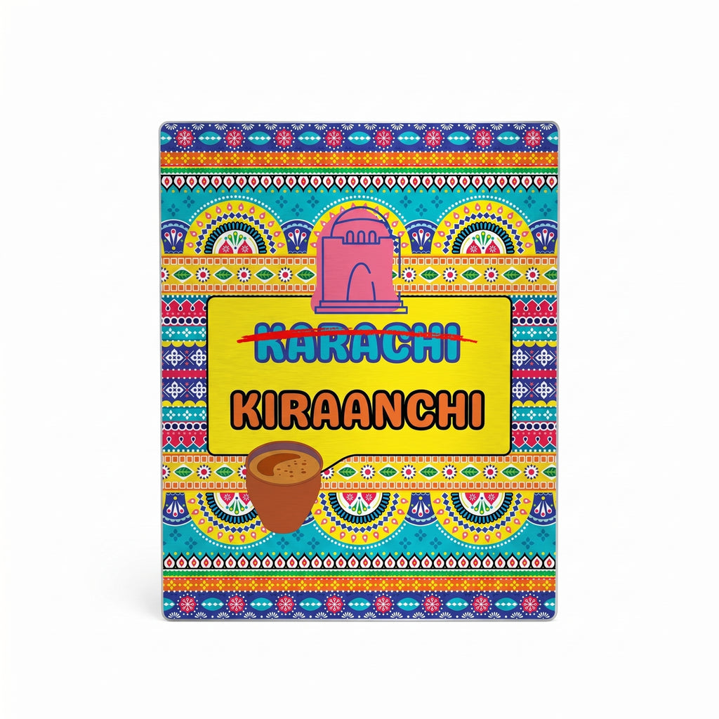 Close-up of the Karachi Kiraanchi truck art metal poster highlighting the detailed yellow speech bubble, Mazar-e-Quaid outline, and clay tea cup illustration.