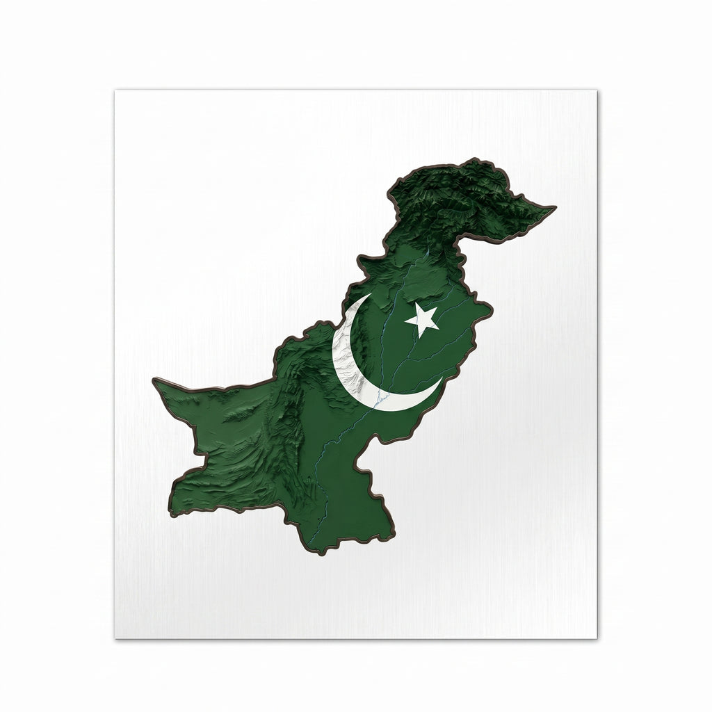 Close-up of the Pakistan 3D topographic flag map metal wall sign focusing on the detailed mountain ranges, crescent and star, and brushed metal background texture.