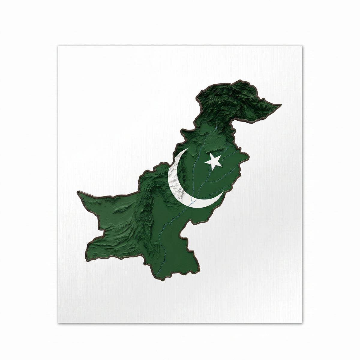 Close-up of the Pakistan 3D topographic flag map metal wall sign focusing on the detailed mountain ranges, crescent and star, and brushed metal background texture.