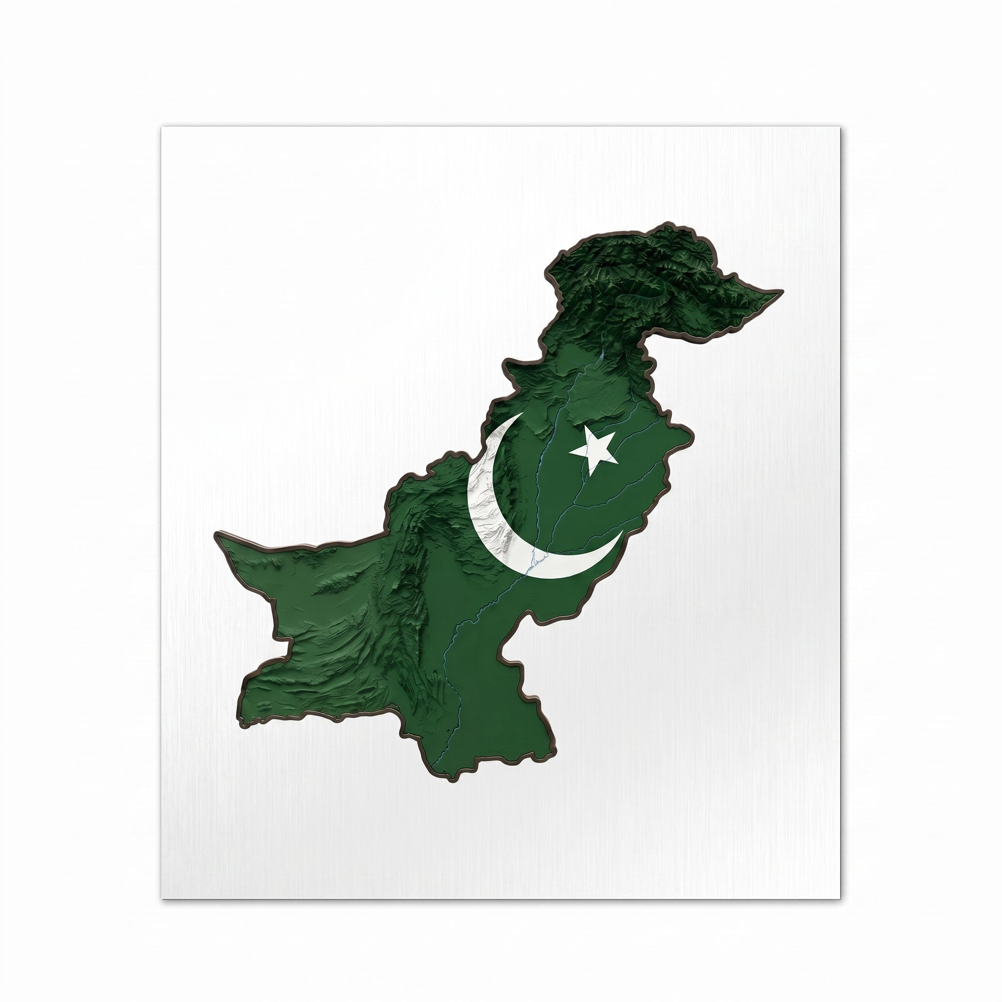 Close-up of the Pakistan 3D topographic flag map metal wall sign focusing on the detailed mountain ranges, crescent and star, and brushed metal background texture.