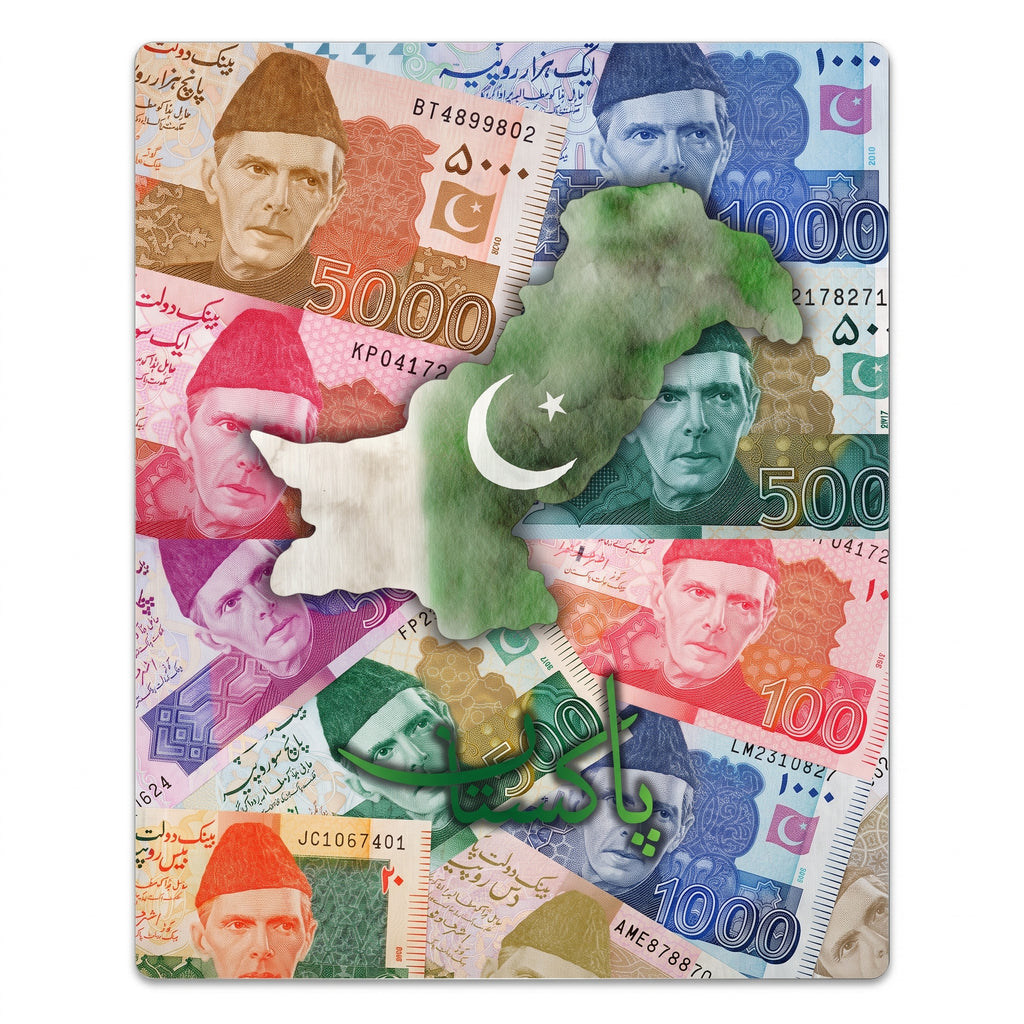 Close-up of the Pakistan currency map collage metal wall sign highlighting the green map silhouette, flag crescent, and detailed Pakistani Rupee bank notes.