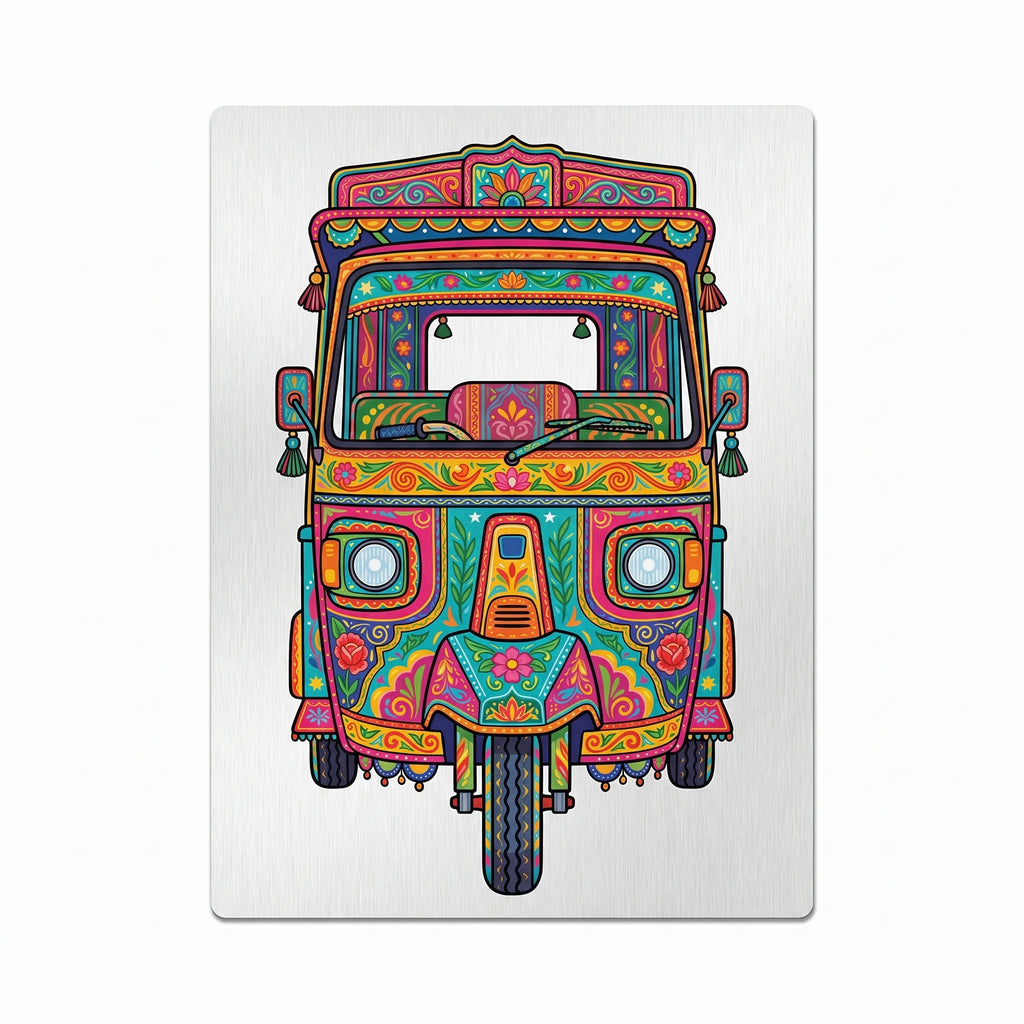 Close-up of the Pakistani Truck Art Rickshaw metal art print focusing on the intricate, vibrant floral patterns, geometric borders, and raw brushed aluminum texture.