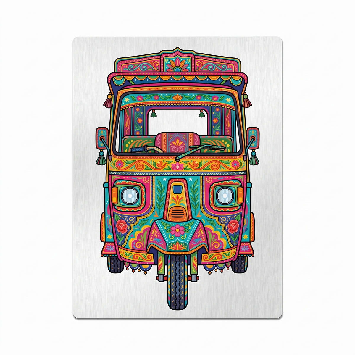 Close-up of the Pakistani Truck Art Rickshaw metal art print focusing on the intricate, vibrant floral patterns, geometric borders, and raw brushed aluminum texture.