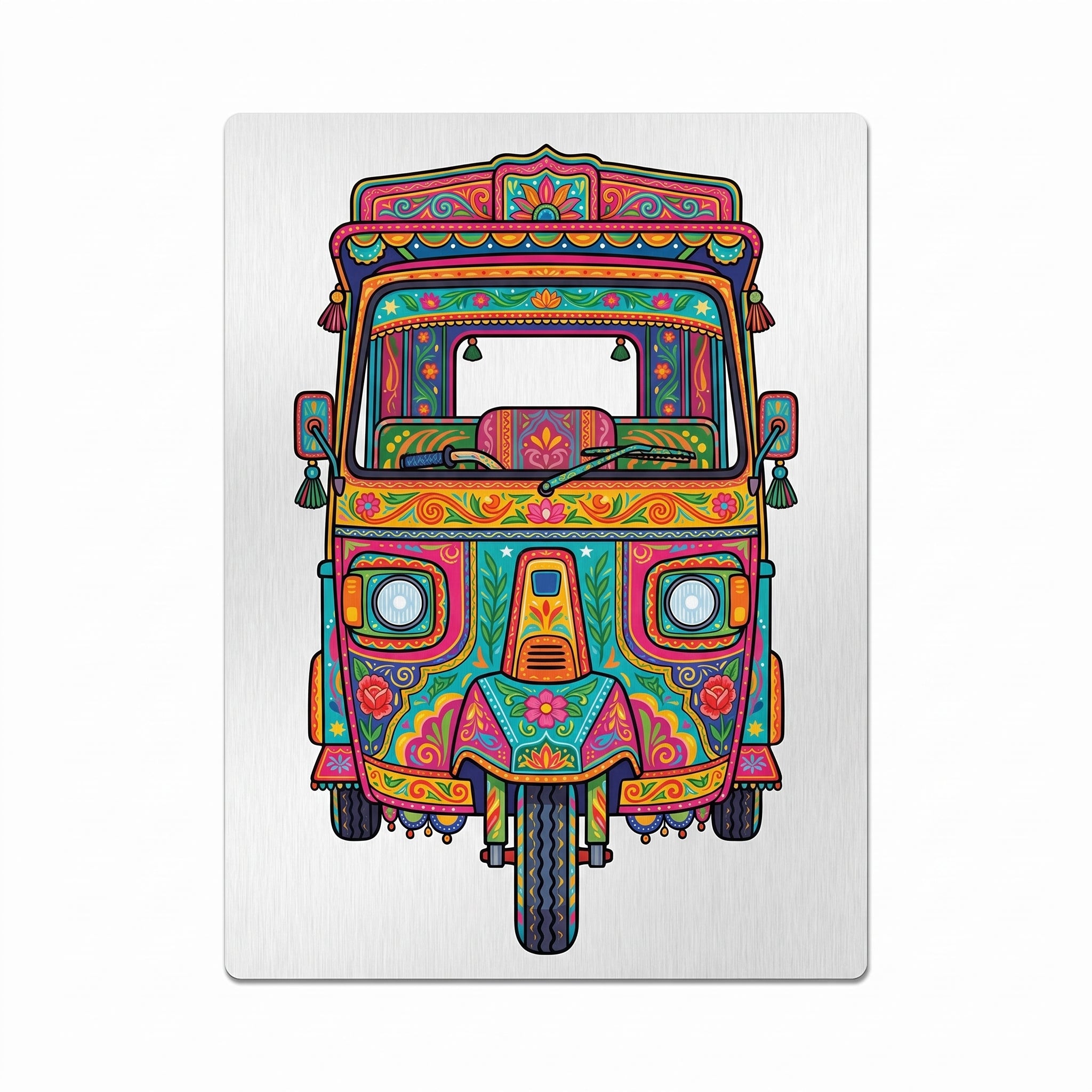 Close-up of the Pakistani Truck Art Rickshaw metal art print focusing on the intricate, vibrant floral patterns, geometric borders, and raw brushed aluminum texture.