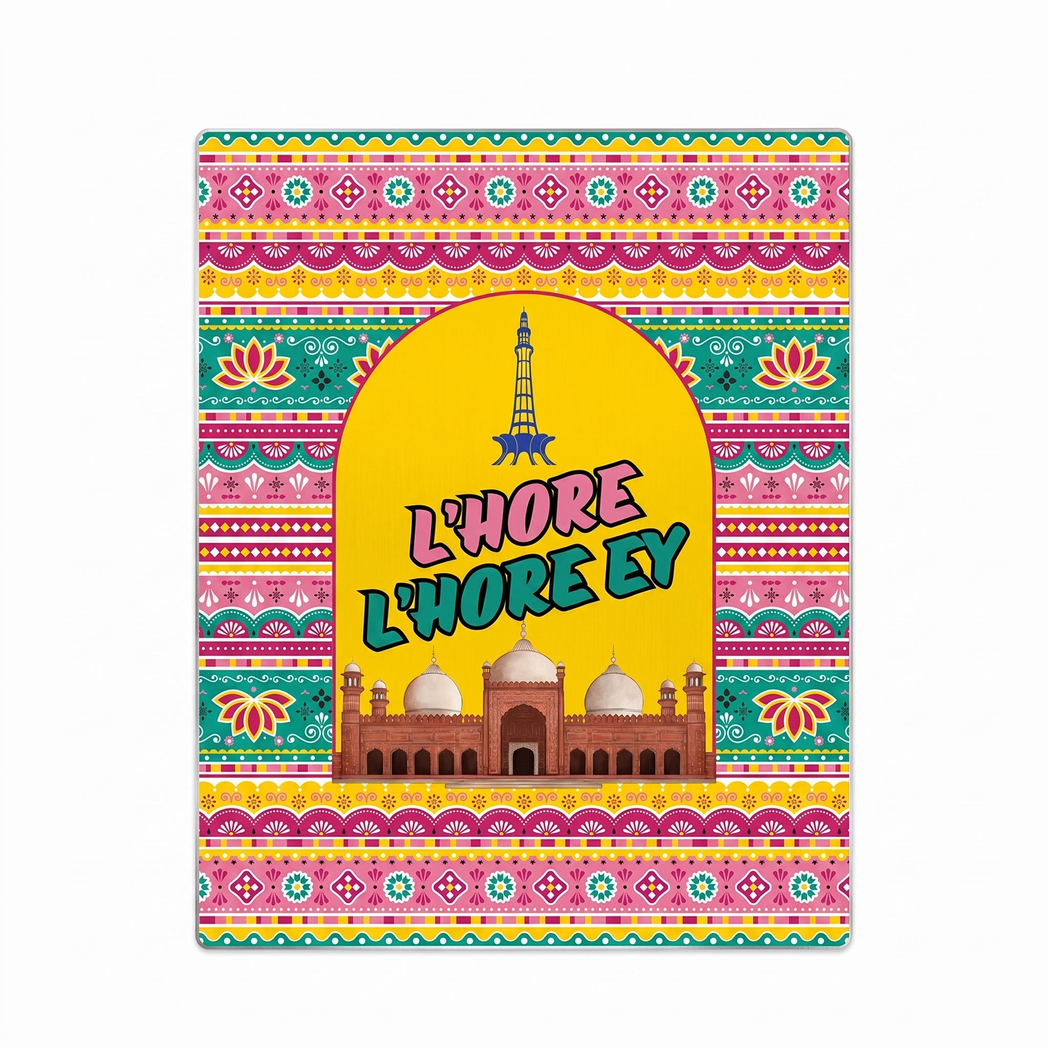 Close-up of the Punjabi truck art metal poster highlighting the detailed yellow archway, Badshahi Mosque illustration, and pink typography.