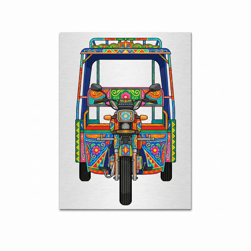 Close-up of the Qingqi rickshaw art metal wall sign focusing on the colorful canopy, central front headlight, detailed handlebars, and brushed metal background texture.