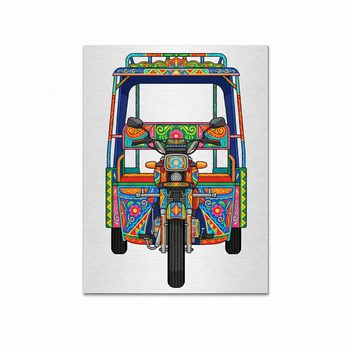 Close-up of the Qingqi rickshaw art metal wall sign focusing on the colorful canopy, central front headlight, detailed handlebars, and brushed metal background texture.