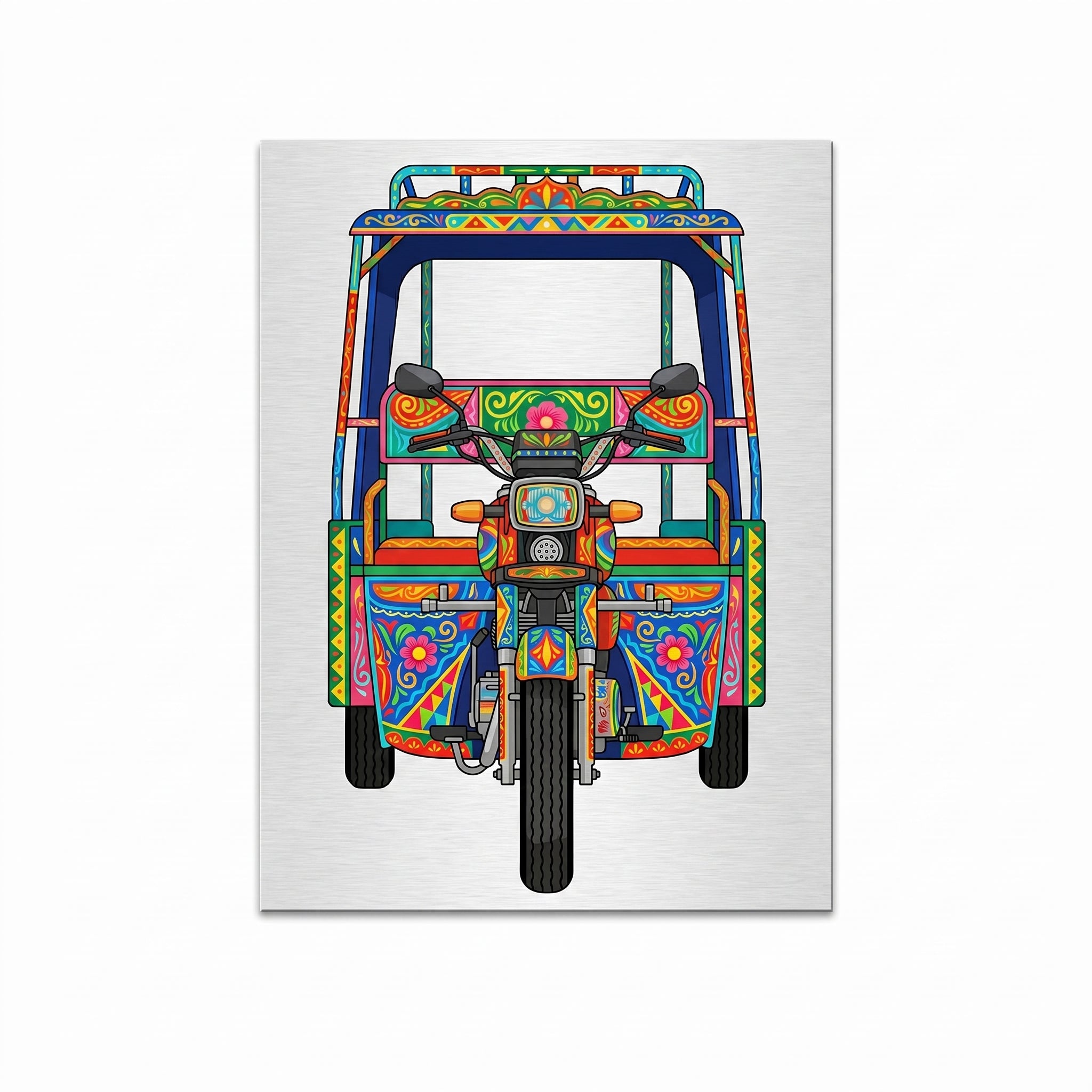Close-up of the Qingqi rickshaw art metal wall sign focusing on the colorful canopy, central front headlight, detailed handlebars, and brushed metal background texture.