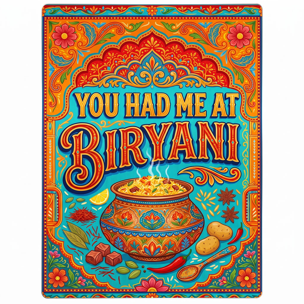 Close-up of the "You Had Me At Biryani" truck art metal wall sign focusing on the steaming clay pot, detailed spices, and brushed metal background border.