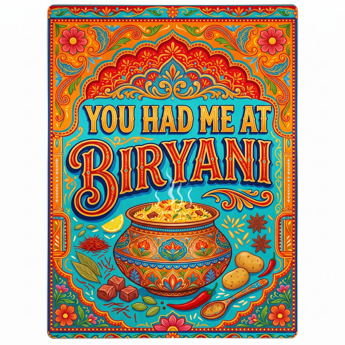 Close-up of the "You Had Me At Biryani" truck art metal wall sign focusing on the steaming clay pot, detailed spices, and brushed metal background border.