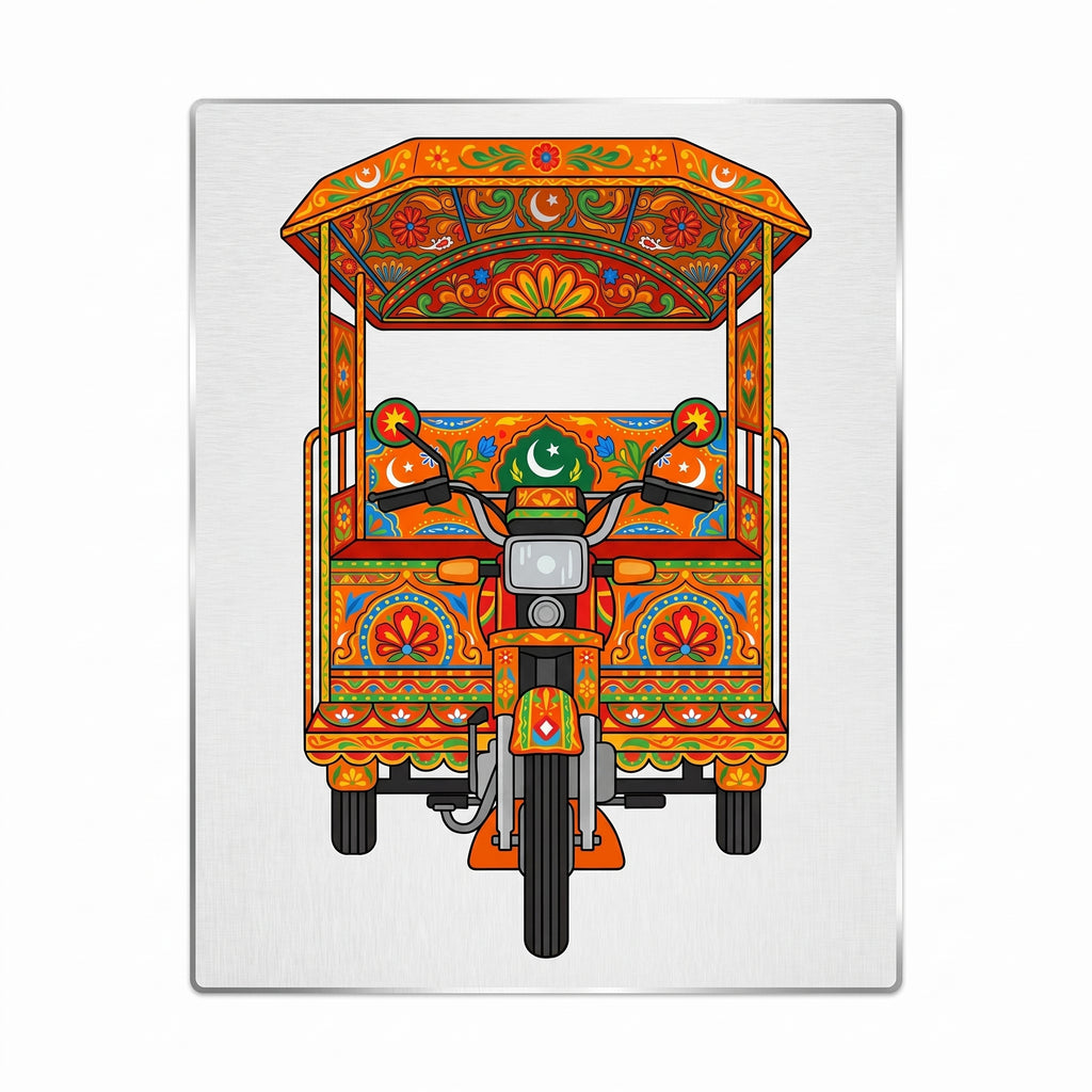 Close-up of the orange Qingqi rickshaw art metal wall sign focusing on the crescent and star emblems, central headlight assembly, and brushed metal background texture.