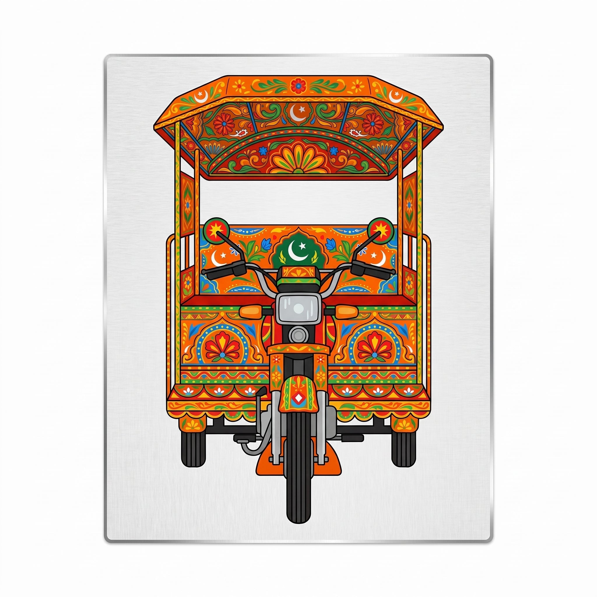 Close-up of the orange Qingqi rickshaw art metal wall sign focusing on the crescent and star emblems, central headlight assembly, and brushed metal background texture.