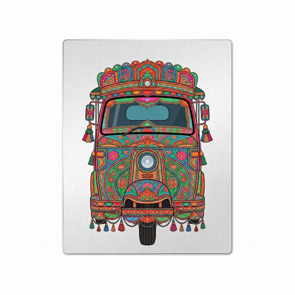 Close-up of the rickshaw art metal wall sign focusing on the colorful vehicle crown, detailed central headlight, dangling tassels, and brushed metal background texture.