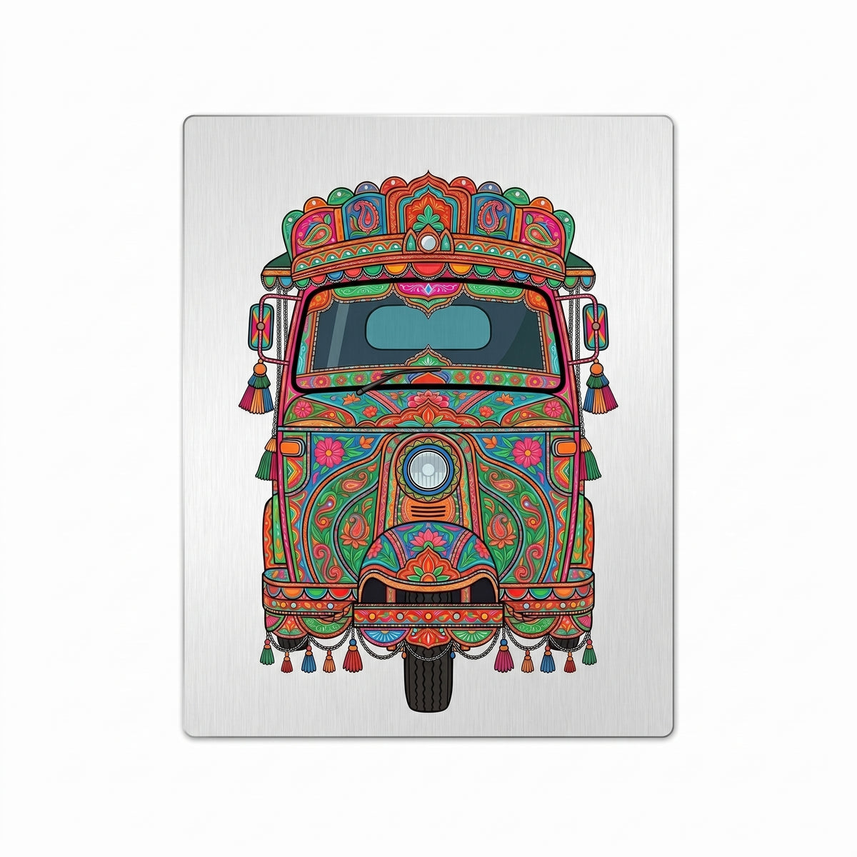 Close-up of the rickshaw art metal wall sign focusing on the colorful vehicle crown, detailed central headlight, dangling tassels, and brushed metal background texture.