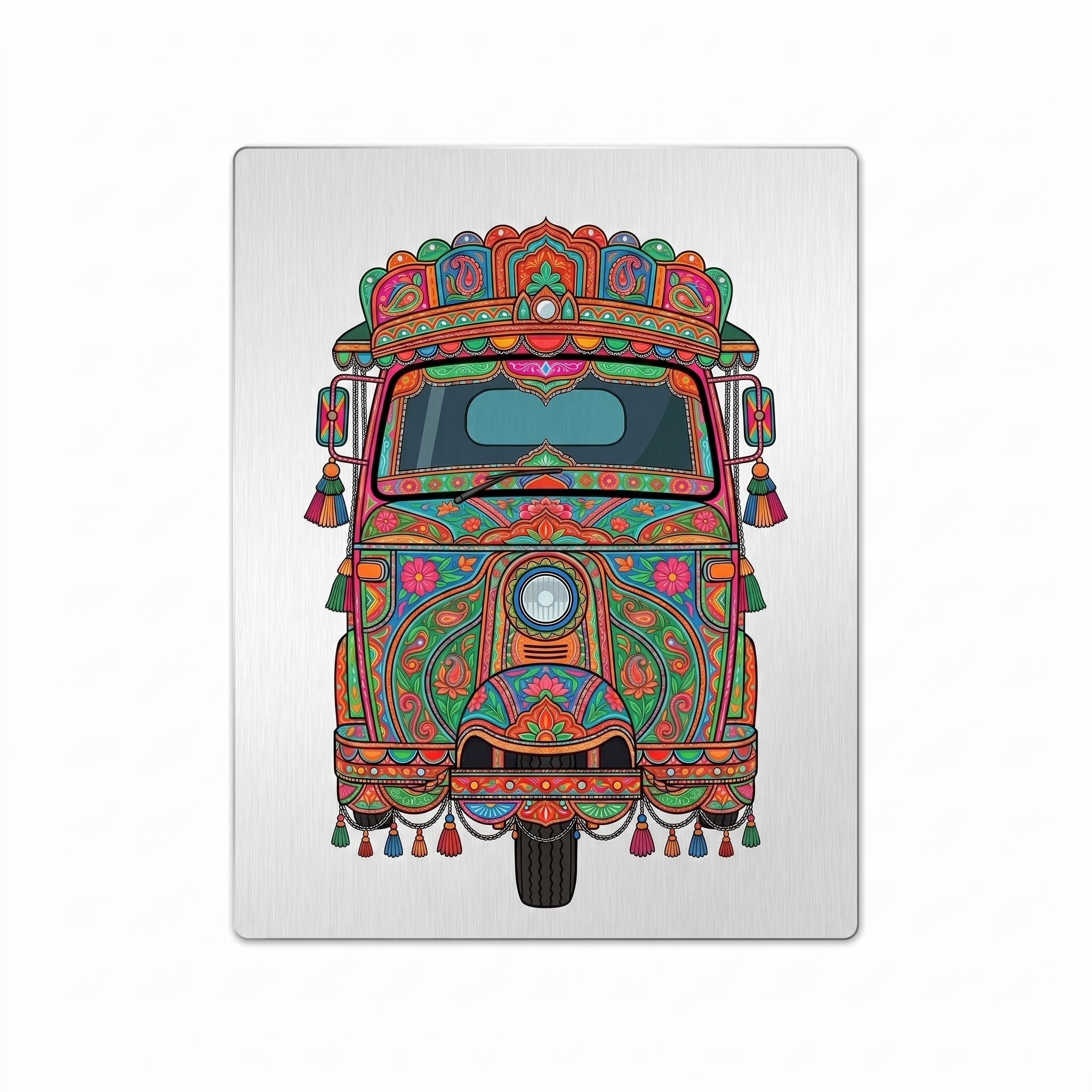 Close-up of the rickshaw art metal wall sign focusing on the colorful vehicle crown, detailed central headlight, dangling tassels, and brushed metal background texture.