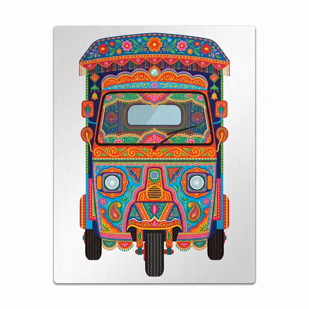 Close-up of the royal blue auto-rickshaw art metal wall sign focusing on the floral canopy, detailed dual headlights, paisley scrolls, and brushed metal background texture.