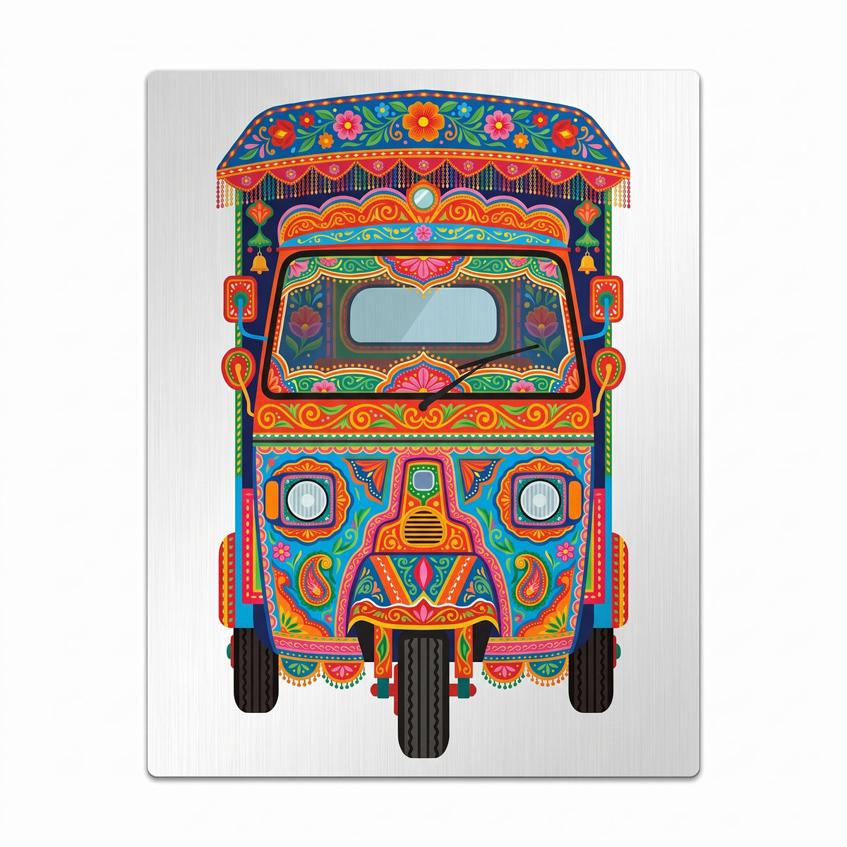 Close-up of the royal blue auto-rickshaw art metal wall sign focusing on the floral canopy, detailed dual headlights, paisley scrolls, and brushed metal background texture.