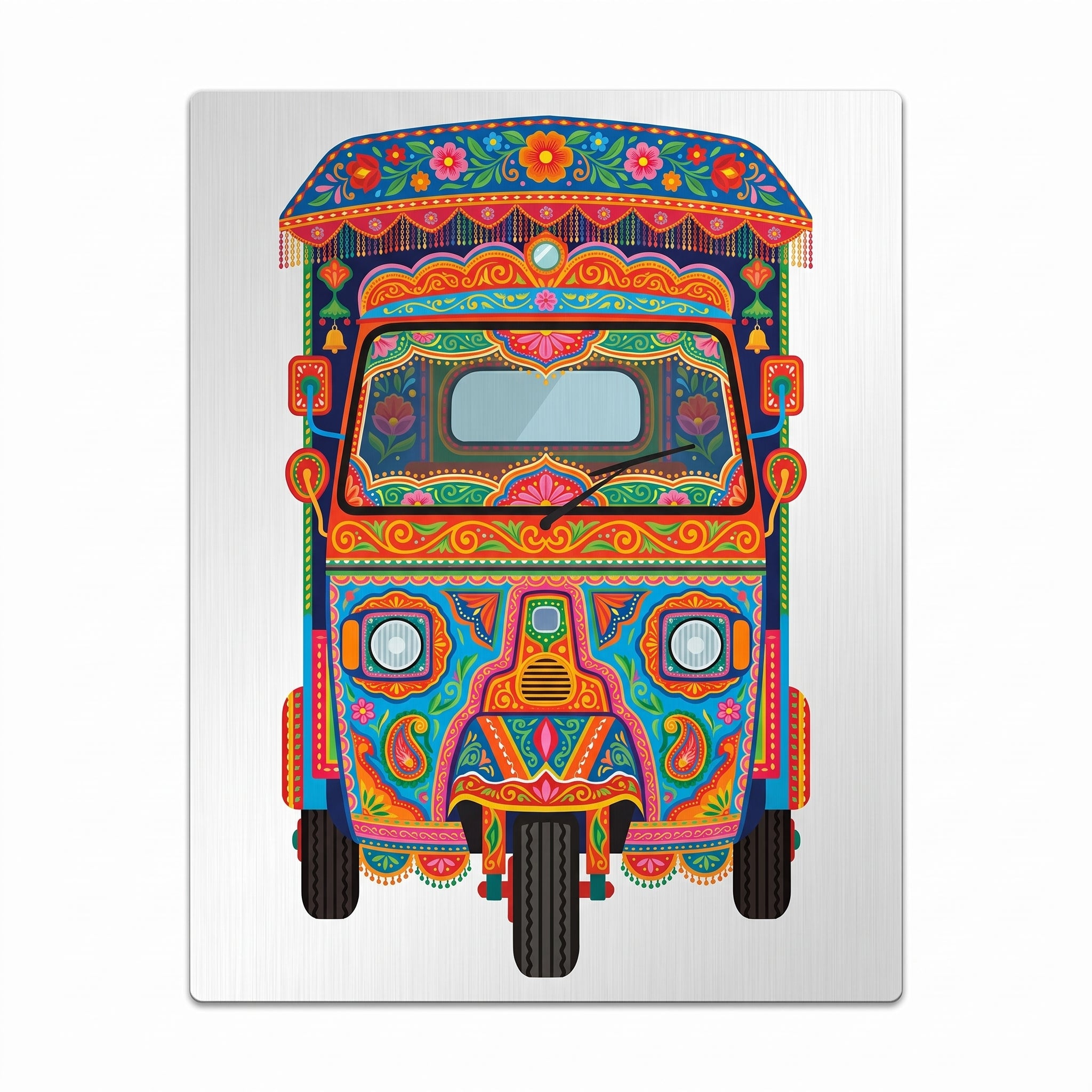 Close-up of the royal blue auto-rickshaw art metal wall sign focusing on the floral canopy, detailed dual headlights, paisley scrolls, and brushed metal background texture.