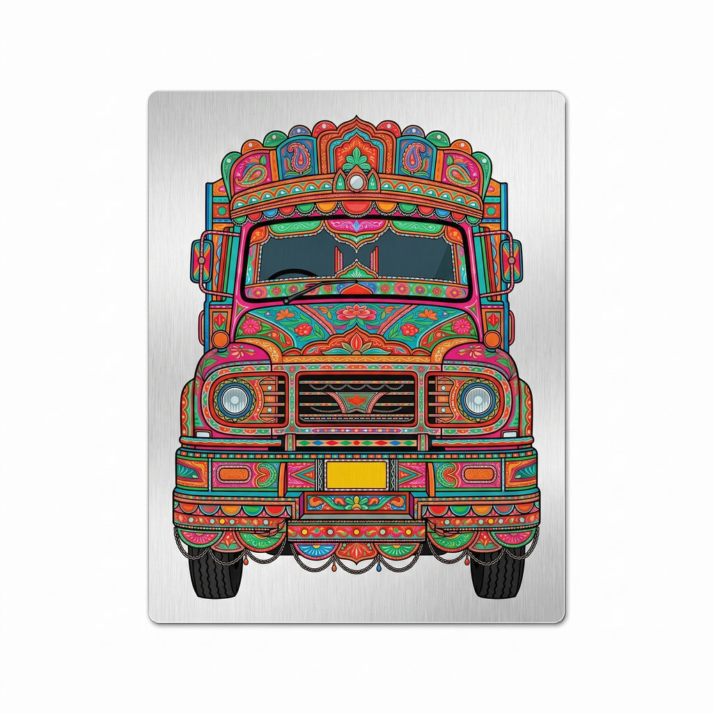 Close-up of the truck art metal wall sign focusing on the colorful truck crown, detailed headlights, and brushed metal background texture.