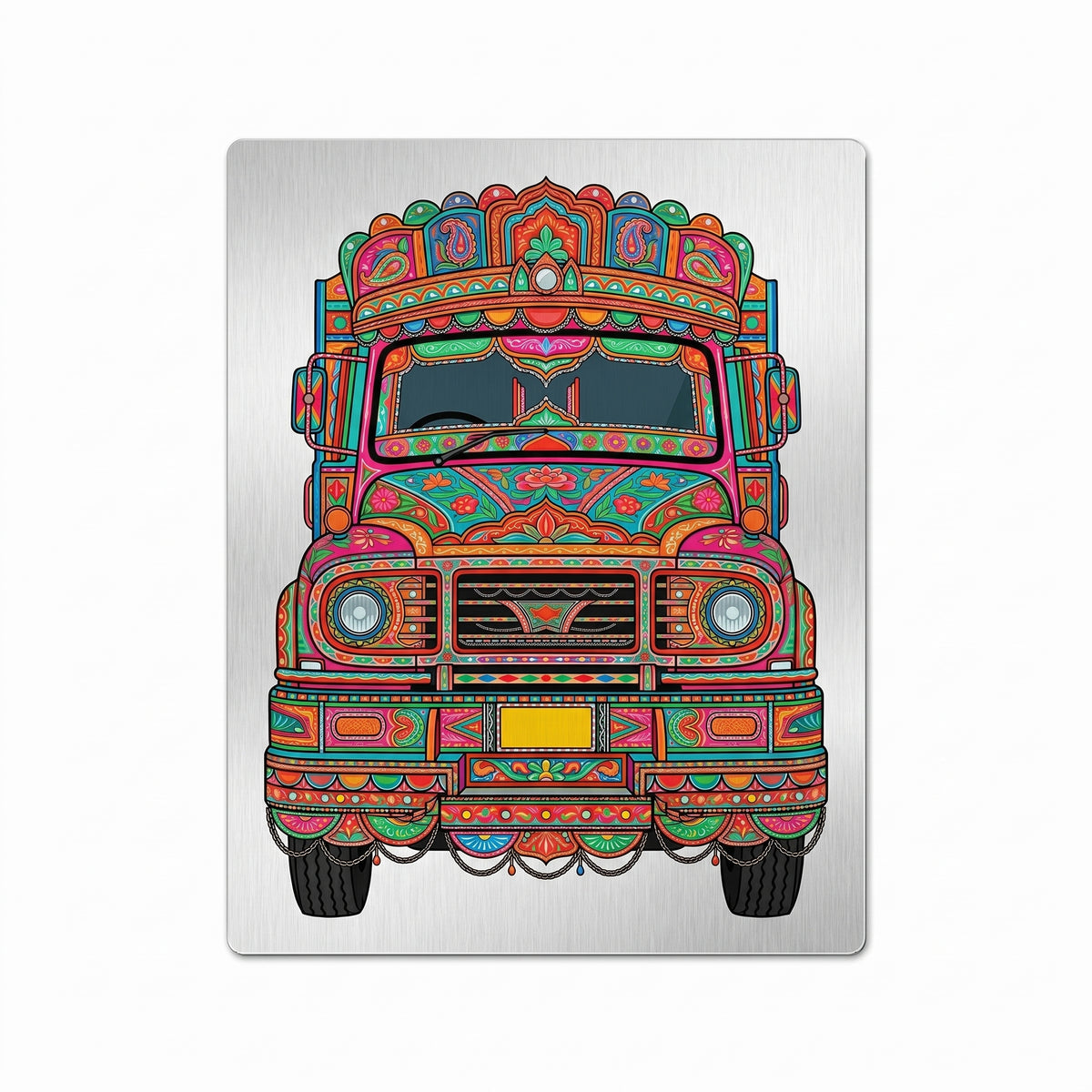 Close-up of the truck art metal wall sign focusing on the colorful truck crown, detailed headlights, and brushed metal background texture.