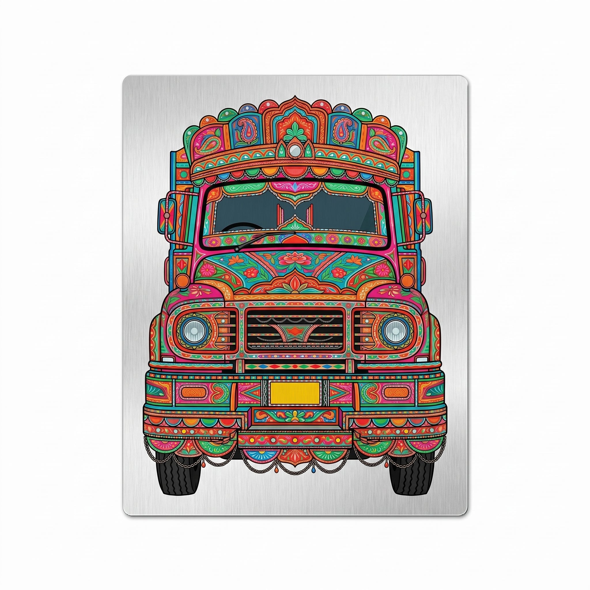 Close-up of the truck art metal wall sign focusing on the colorful truck crown, detailed headlights, and brushed metal background texture.