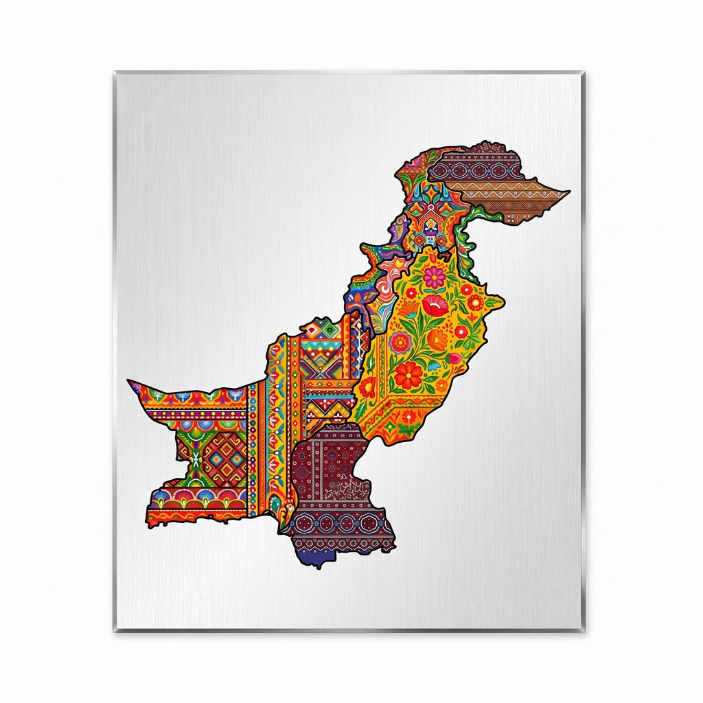 Close-up of the vertically aligned Pakistan provincial cultural pattern map metal wall sign focusing on the detailed Ajrak, Phulkari, and Balochi embroidery textures.