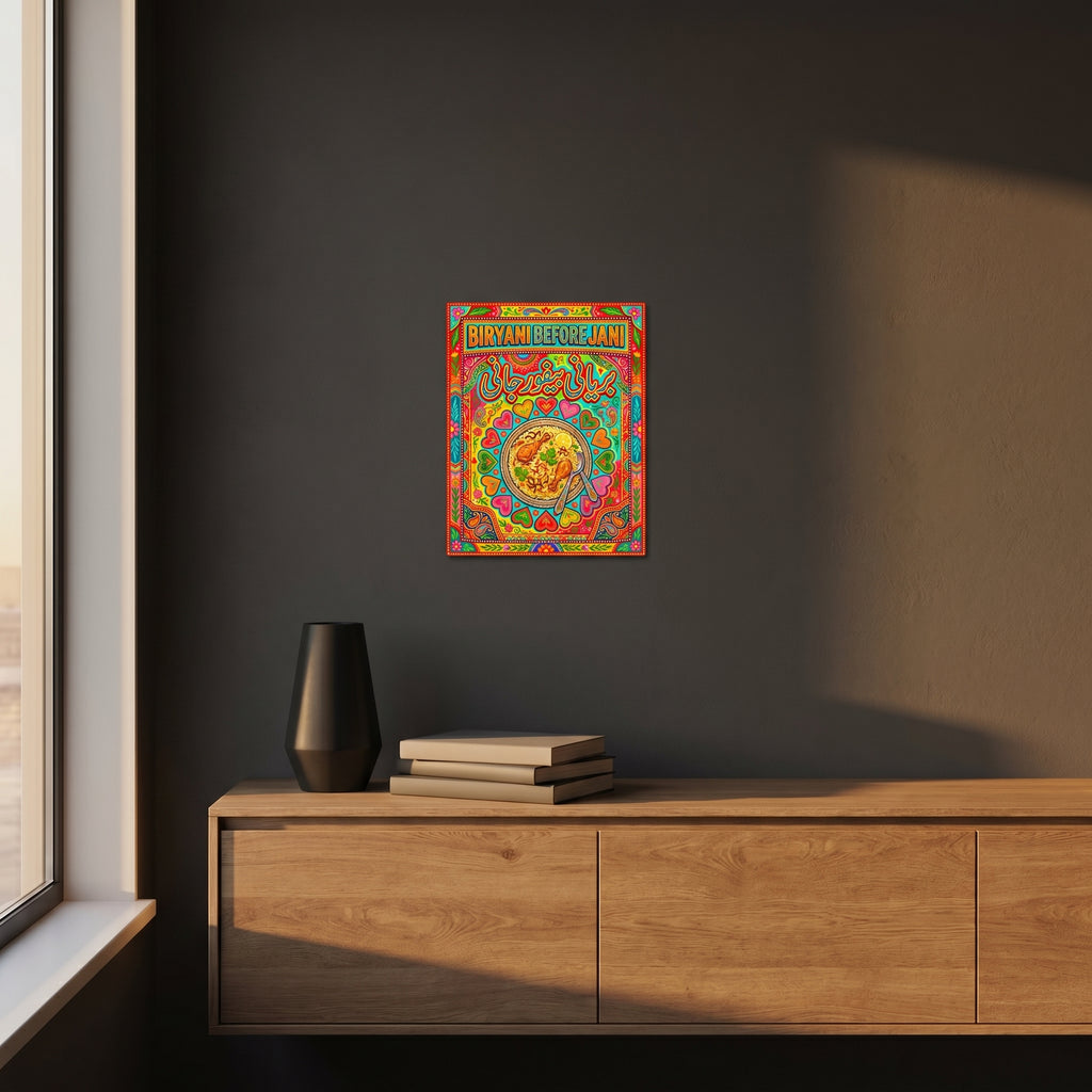 Colorful Desi heritage room decor poster hanging under warm ambient lighting above a dark wooden bedroom nightstand.