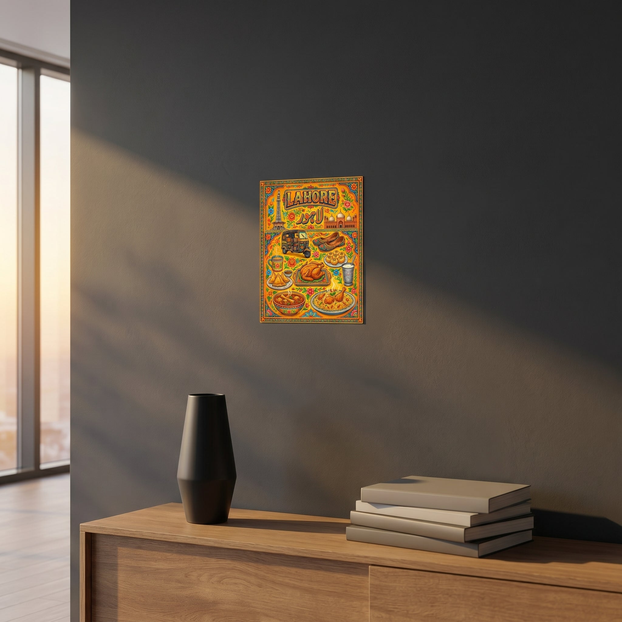 Contemporary Pakistani diaspora home decor poster centered beautifully on a clean cream wall catching golden hour afternoon sunlight