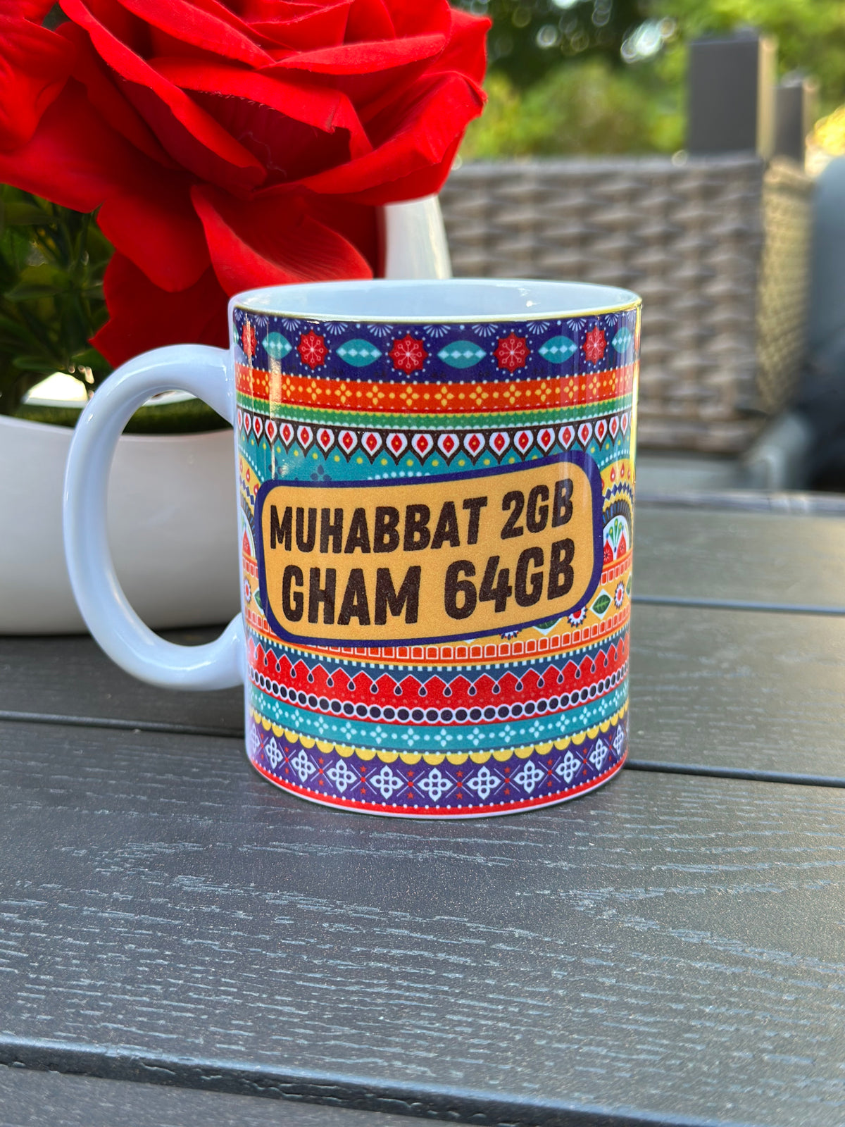 “Muhabbat 2GB Gham 64GB ceramic mug with funny desi design”

“11oz ceramic coffee cup with quirky tech humor”

“Funny desi saying mug for coffee and tea lovers”

“Unique gift mug with cultural and tech-inspired design”

“Durable 11oz ceramic mug with humorous desi quote”