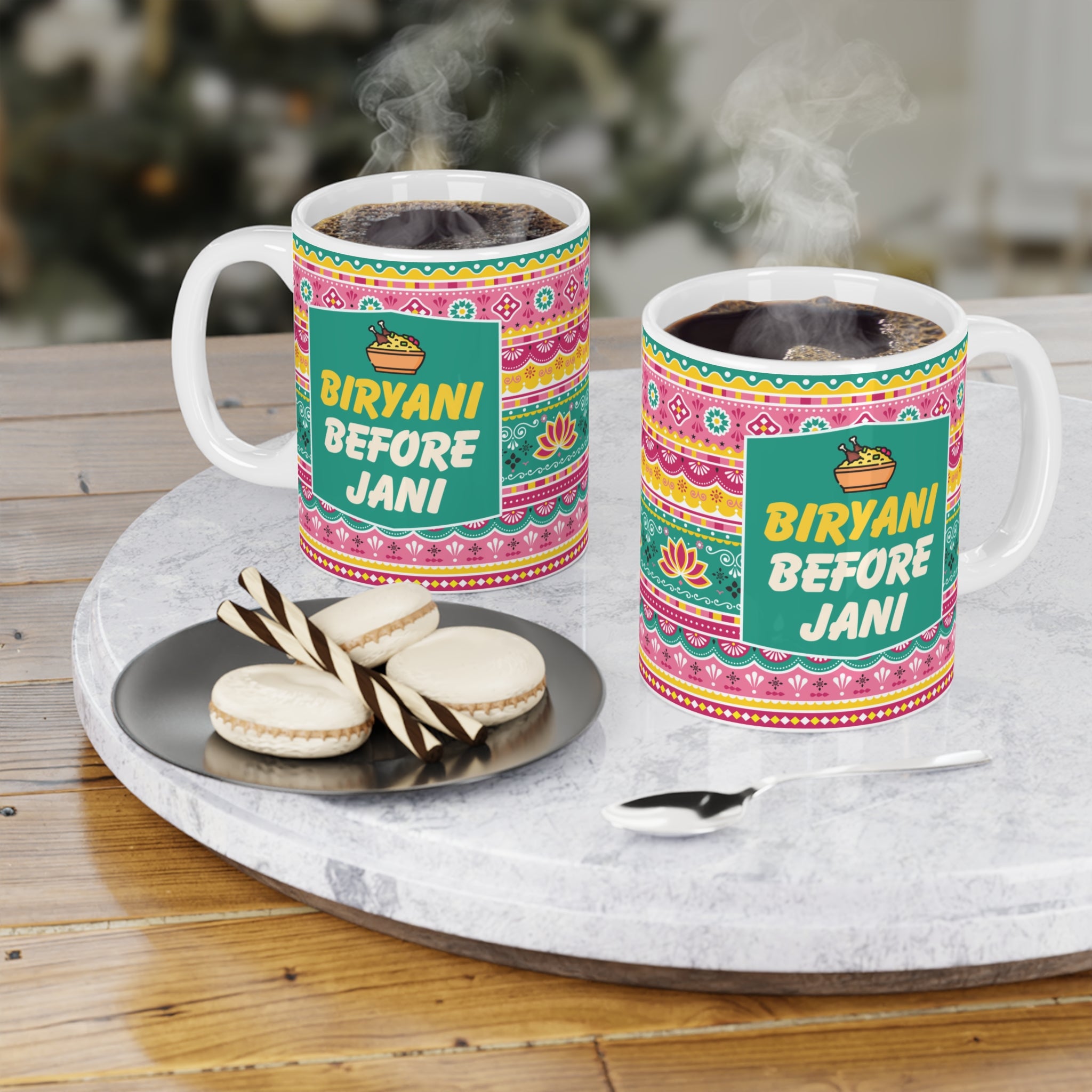 Biryani Aur Chai Aye Haye ceramic mug 11oz with funny desi food-inspired design.
Perfect for tea, coffee, and biryani lovers who enjoy cultural humor daily.
Durable ceramic build with vibrant, scratch-resistant print that lasts long.
Microwave safe and dishwasher safe for convenience and easy cleaning.
Large comfortable handle makes sipping chai or coffee effortless.
Unique quirky gift idea for friends, family, and coworkers who love food jokes.
Adds laughter, desi vibes, and foodie fun to every tea or coff