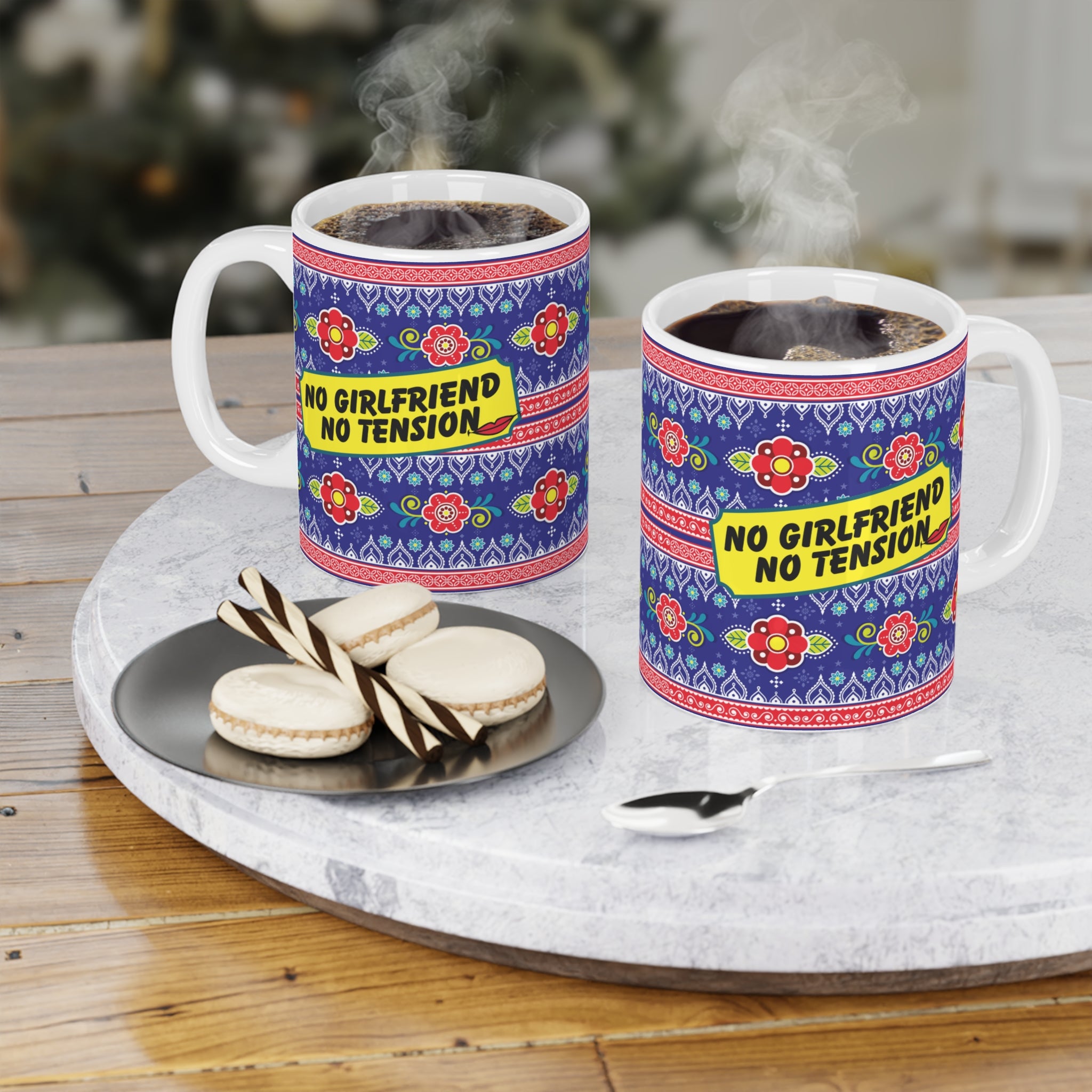 No Girlfriend No Tension ceramic mug 11oz with funny desi quote design.
Perfect for chai and coffee lovers who enjoy humor and quirky sayings.
Durable ceramic build with vibrant, scratch-resistant printing for daily use.
Microwave safe and dishwasher safe for reheating and easy cleaning.
Large comfortable handle for a relaxed grip during tea or coffee time.
A playful and hilarious gift for friends, coworkers, or family members.
Adds laughter, personality, and desi humor to every tea or coffee break.