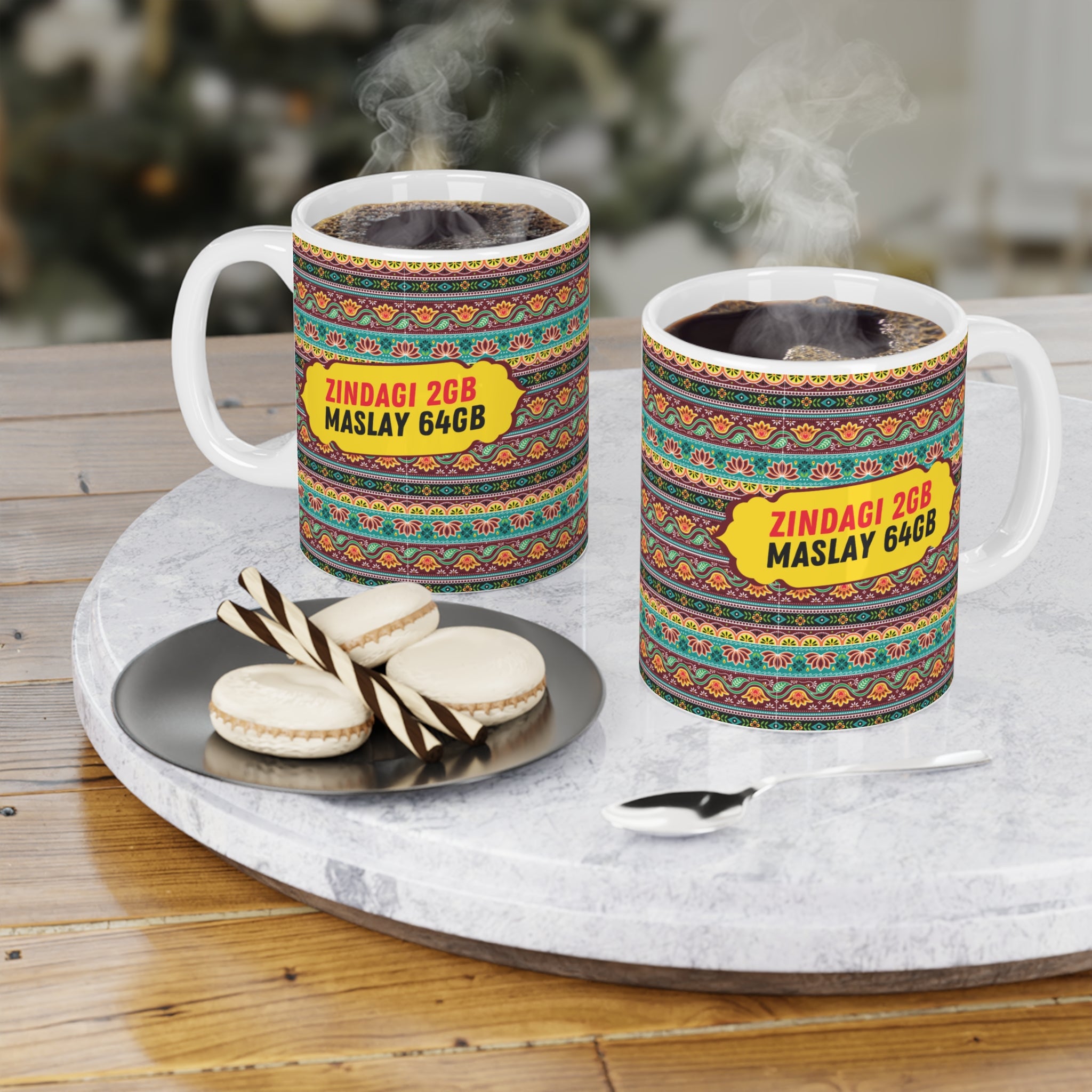 Zindagi 2GB Maslay 64GB ceramic mug 11oz with funny desi quote design.
Perfect for tea and coffee lovers who enjoy relatable cultural humor daily.
Durable ceramic construction with vibrant, scratch-resistant print.
Microwave safe and dishwasher safe for convenient use and easy cleaning.
Large comfortable handle makes sipping chai or coffee effortless.
A quirky and thoughtful gift for friends, family, or coworkers.
Brings desi humor, relatable jokes, and laughter to everyday tea or coffee breaks.