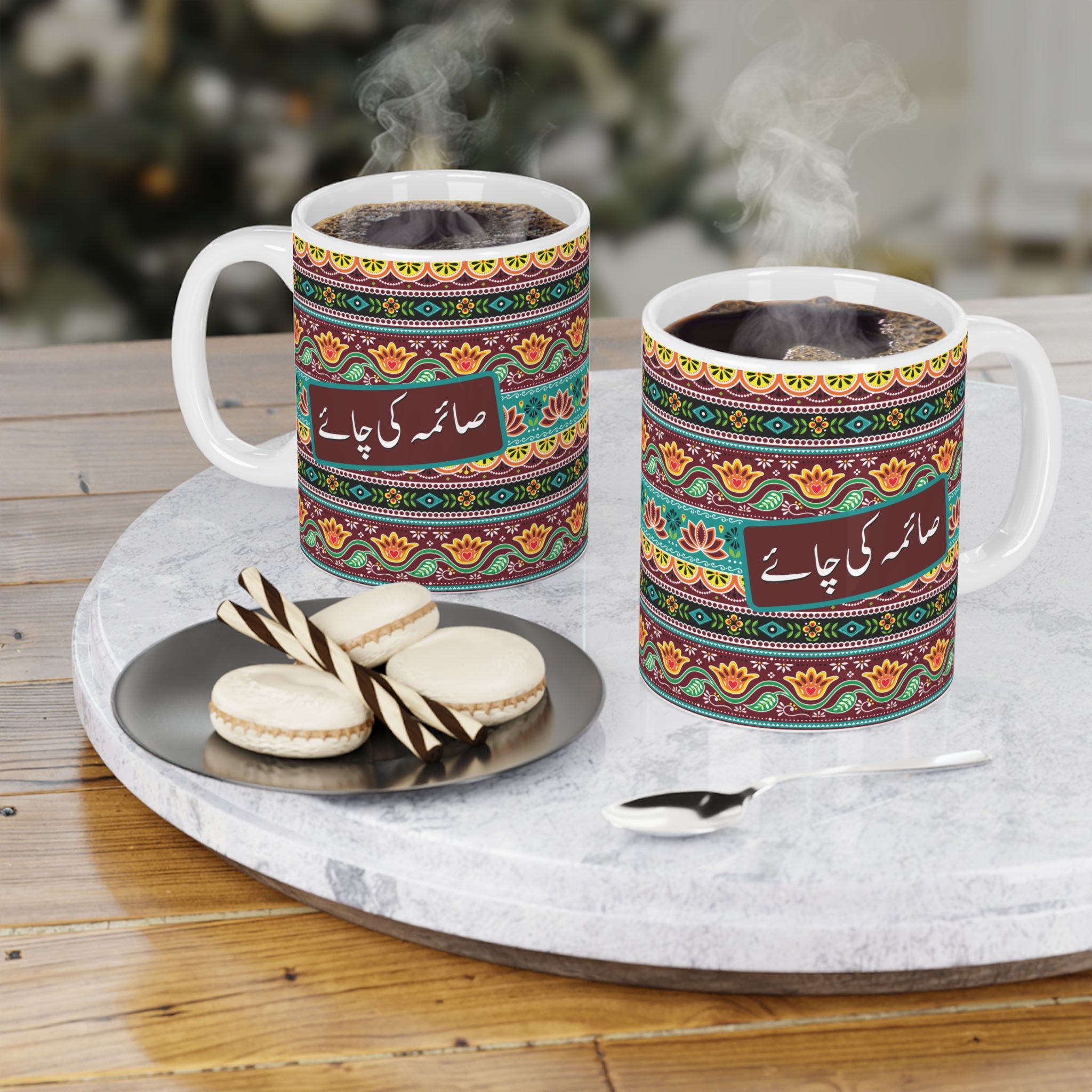 Saima Ki Chai ceramic mug 11oz with personalized desi quote design.
Perfect for tea and coffee lovers who enjoy humor and culture.
Durable ceramic with scratch-resistant, colorful print for long-lasting use.
Microwave safe and dishwasher safe for easy heating and cleaning.
Large comfortable handle makes sipping chai or coffee enjoyable.
Great gift for Saima, friends, family, coworkers, or office desk.
Brings cultural humor, fun energy, and a personal touch to tea time.